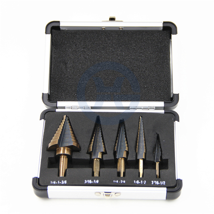 跨境5pc鋁盒英制烤黃發(fā)黑三角柄高速鋼階梯鉆 寶塔鉆開孔器套裝