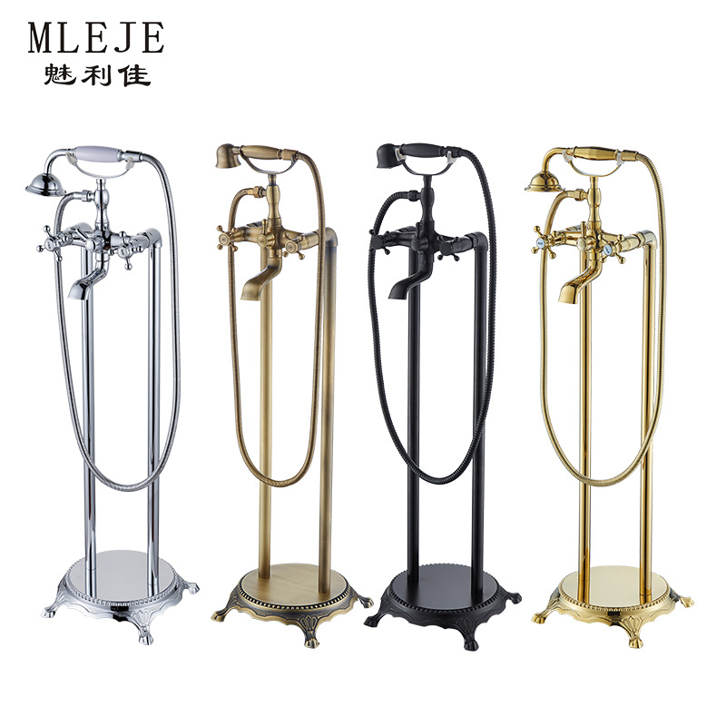 全銅復(fù)古落地式貴妃獨(dú)立冷熱水浴缸龍頭木桶邊立式淋浴花灑缸邊式