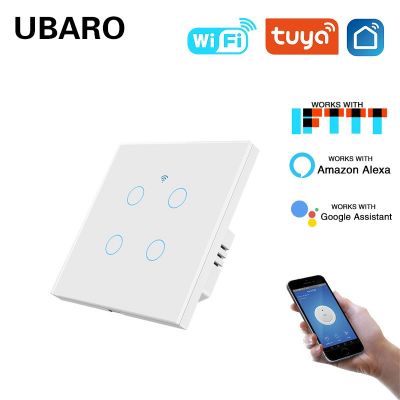 跨境86型歐標(biāo)WIFI智能開關(guān)鋼化玻璃面板4路零火版涂鴉語音開關(guān)批